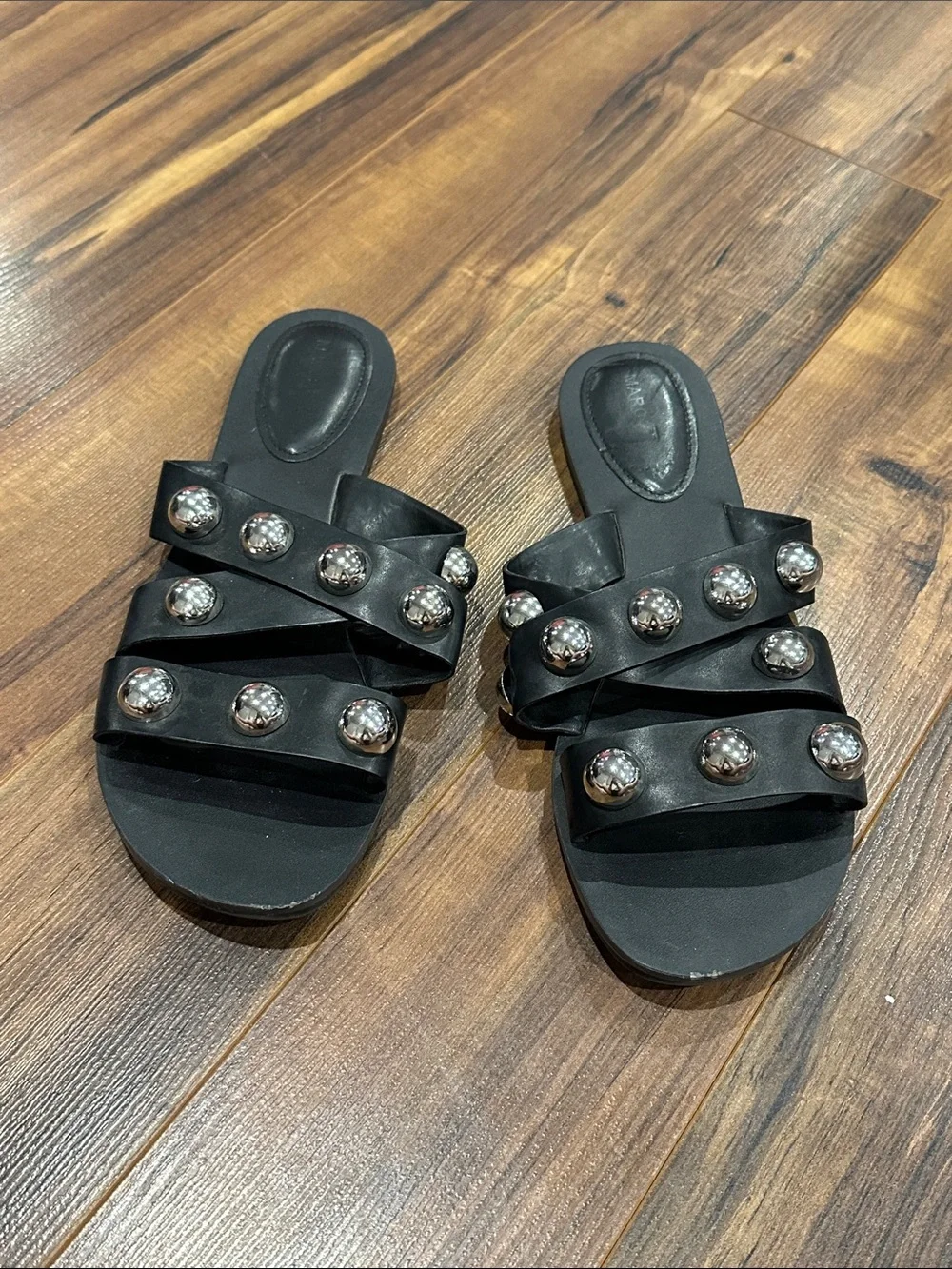 Black Slide Sandals with Silver Studs - Picture 3 of 5